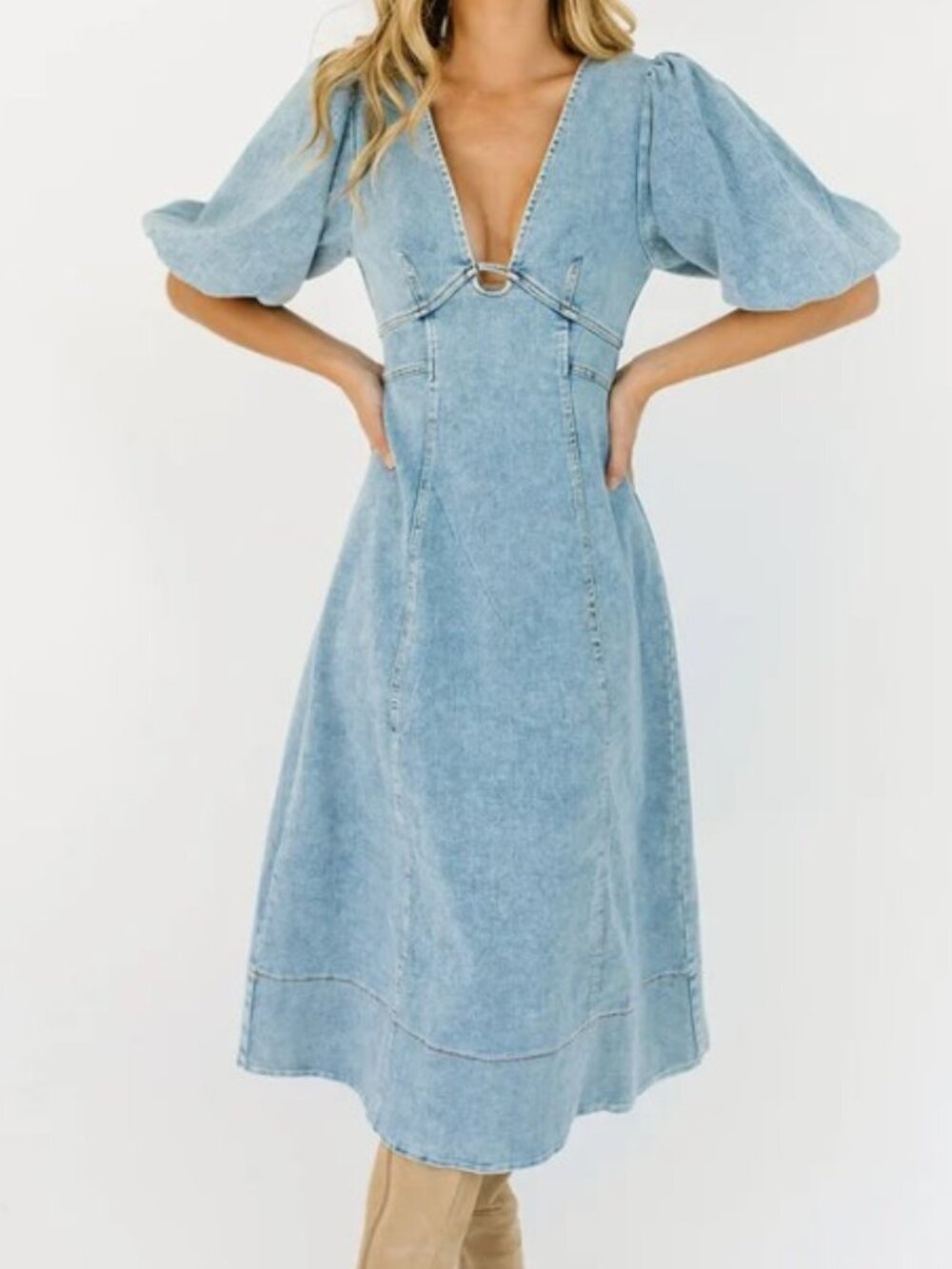 NWT Zoco Sara Beth Denim Midi Dress Puff Sleeve